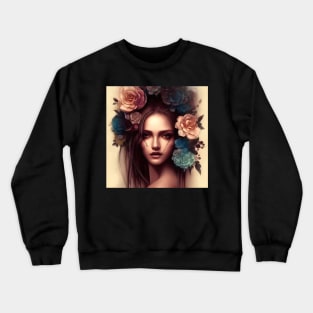 Beaux Animes Art, Beautiful Anime Girl with flowers in her hair and scars on her face Design Crewneck Sweatshirt